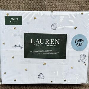 Ralph Lauren White Twin Sheet Set with Bee and Hive Motif / 100% Cotton
